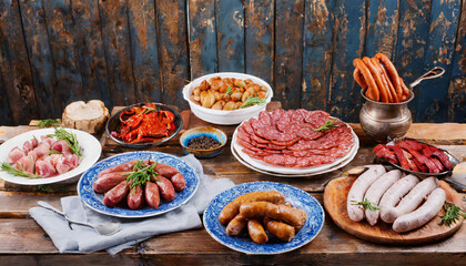 Lebensmittel, Speisen, verschiedene Wurstsorten auf einem rustikalen Tisch, KI generiert - obrazy, fototapety, plakaty