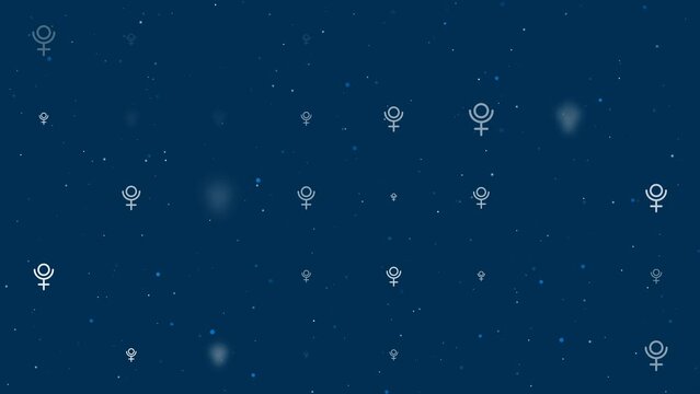 Template animation of evenly spaced astrological pluto symbols of different sizes and opacity. Animation of transparency and size. Seamless looped 4k animation on dark blue background with stars