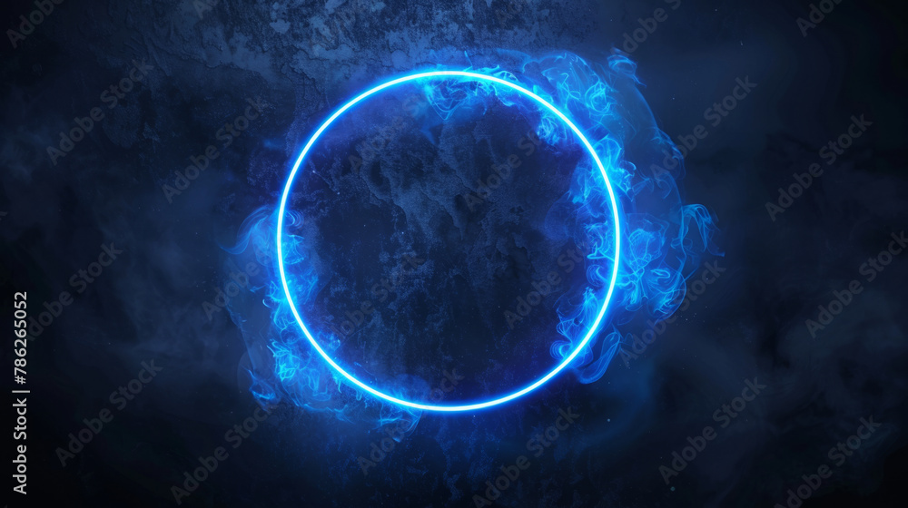 Poster abstract geometric design featuring a neon blue color circle on a dark background, creating a dynami