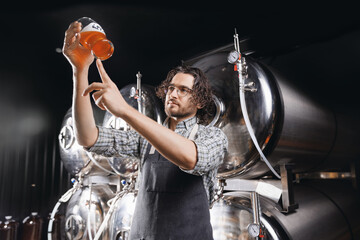Worker man sommeliers taste drink on Brewery factory. Expert brewer in apron holds glass of craft...