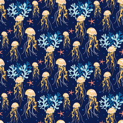 Underwater sea life vector background with jellyfish, starfish, seaweed seamless pattern design - 786265238