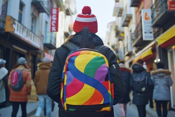 Child with autism backpack, infinity rainbow symbol for autism awareness day and rights movement