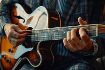 Obraz premium Elderly man in elegant suit playing acoustic guitar at traditional live music performance