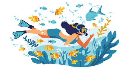 Girl snorkelling in the sea with fishes. Diving woman