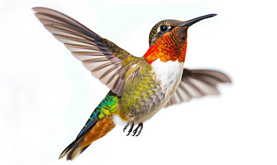 Fototapeta premium Colorful Hummingbird Hovering on a White Background