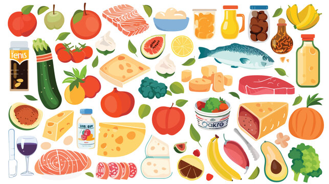 Groceries food products set sticker. Shopping supermar