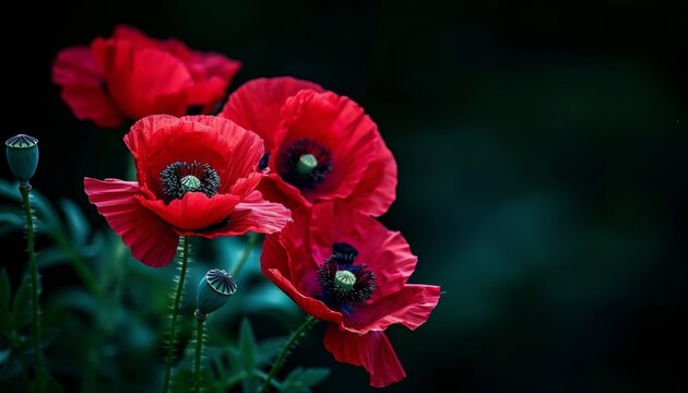 Symbolic red poppies on dark background  significance for remembrance day, armistice day, anzac day
