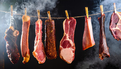 Lebensmittel, verschiedene Fleischstücke hängen an einer Schnur nebeneinander im Räucherofen, KI generiert - obrazy, fototapety, plakaty