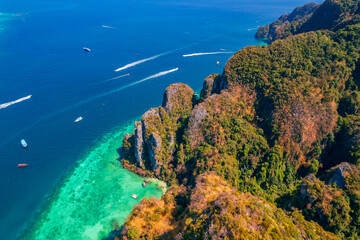 Amazing travel photo Thailand tropical paradise by drone. Aerial view Phi Phi island, Krabi Province