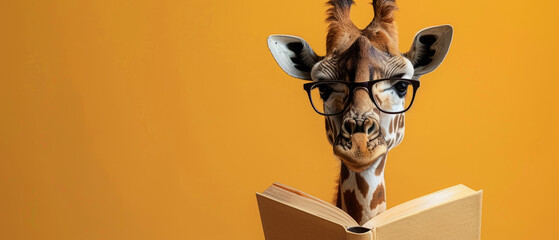 An anthropomorphic giraffe wearing glasses is reading a book against an orange background, symbolizing the importance of education and learning. - obrazy, fototapety, plakaty