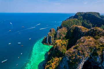 Amazing travel photo Thailand tropical paradise by drone. Aerial view Phi Phi island, Krabi Province