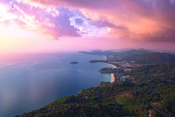 Aerial view Sunset landscape Nai Harn beach and marina with white yachts, Rawai resort with...