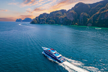 Large ship ferry from Phuket to Phi Phi, Krabi Thailand. Amazing travel landscape photo in Thai