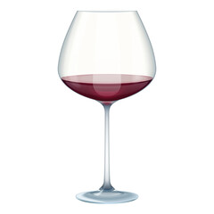 Red wine glass cup, 3D realistic transparent goblet with alcohol drink vector illustration