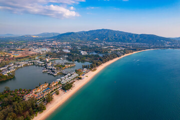 Aerial top view panorama sunset Bang Tao beach with sea of Phuket paradise. Concept tropical travel...