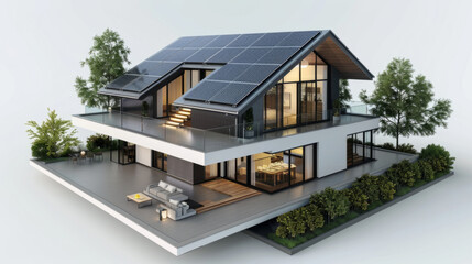 A 3D model depicting a modern house with solar panels, designed for eco-friendly living and sustainability.