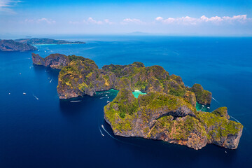 Travel drone photo of Phi Phi Leh with Maya Bay and Pileh Lagoon, Krabi province, Thailand. Aerial...