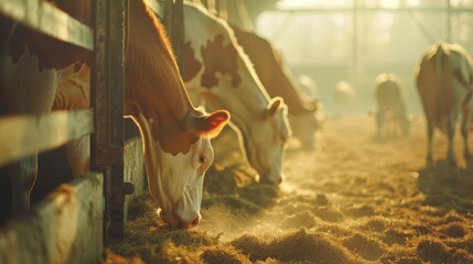 In a bustling cattle farm barn, healthy dairy cows stand in a row of stables, peacefully feeding on fodder. A dedicated worker can be seen in the blurred background, diligently adding food for the ani