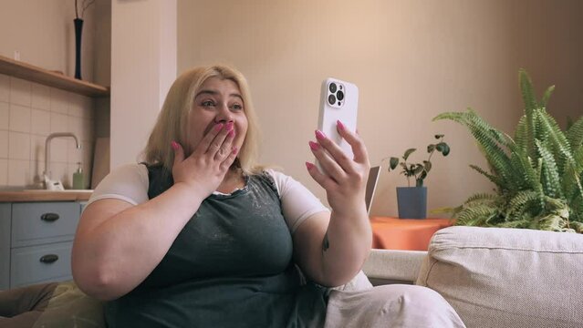 Joyful Plus-Size Woman Having Video Call. 