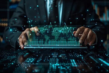 businessman holding tablet , virual business graph, future , technology process