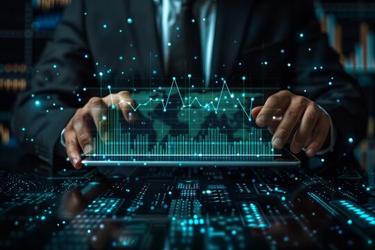 businessman holding tablet , virual business graph, future , technology process - Powered by Adobe