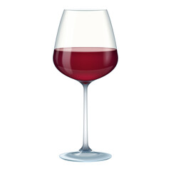 3D transparent glass of red wine, wineglass with alcohol drink vector illustration
