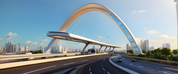 A modern, curved arch bridge stands out amidst a dynamic city skyline in a vision of a futuristic urban environment