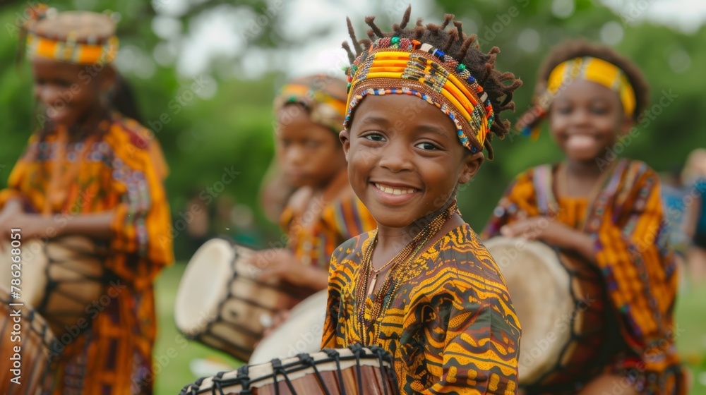 Wall mural Captivating Portrait of Young African Children in Traditional Attire Playing Drums Outdoors