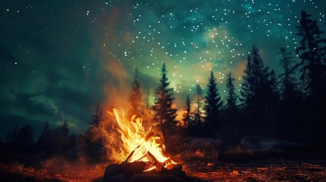 A warm and cozy campfire in the wilderness, with the silhouette of the forest trees in the background lighting up the night sky with the stars and the Northern Lights (Aurora Borealis).