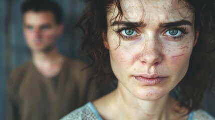 Domestic violence, with a distressed, physically and emotionally abused woman in the foreground - and the blurry abusive man in the background. - obrazy, fototapety, plakaty