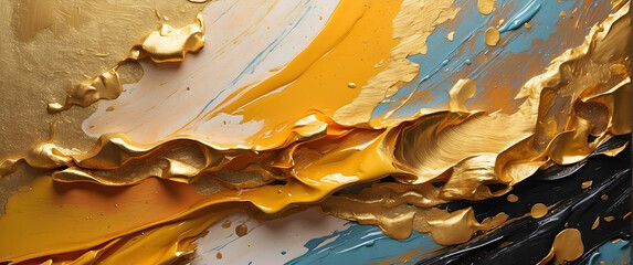 Fototapeta premium Rich, textured gold and black paint dynamically swirl together in an abstract design