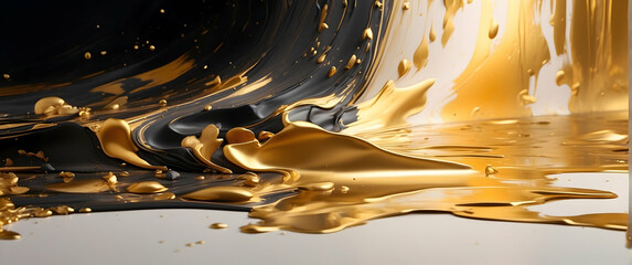 An artful splash of gold paint captured against a stark black background, symbolizing contrast