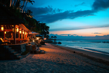 bungalows at a luxurious tropical beach resort at sunset with dark blue color sky
