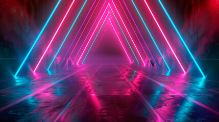 Glowing neon lines, tunnel, abstract technological background, virtual reality. Pink blue purple neon triangular light - 786268862