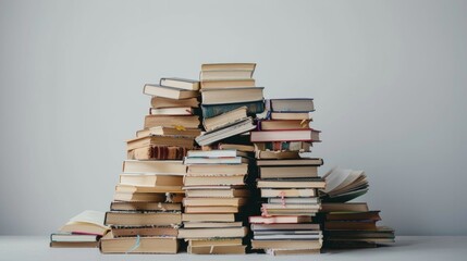 Big pile of books over light background. Education, self-learning, book swap, hobby, relax time 