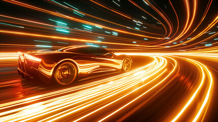 Futuristic Sports Car Racing on Dynamic Light Trails Background - obrazy, fototapety, plakaty