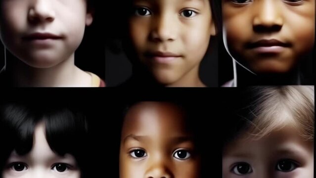 many diverse children of different nationality, boys and girls, portraits, faces collage collection, group mosaic montage,  Generative AI
