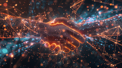 Digital Connection Concept with Glowing Handshake Network - obrazy, fototapety, plakaty