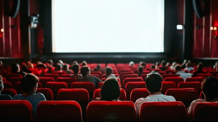 Cinema blank wide screen and people in red chairs in the cinema hall.