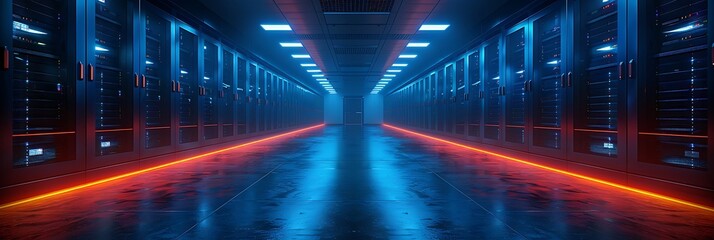 A high-tech computer server room, rows of servers emitting a cool blue light, in a dark, secure facility