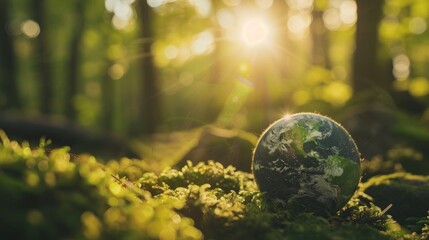 Obraz na płótnie Canvas Earth Day - Environment - Green Globe In Forest With Moss And Defocused Abstract Sunlight