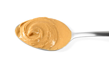 Delicious nut butter in spoon isolated on white