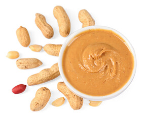 Delicious nut butter and peanuts isolated on white, top view
