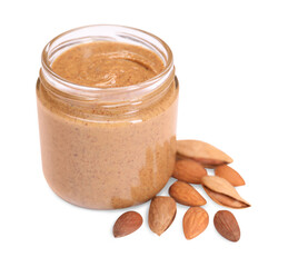 Tasty nut paste in jar and almonds isolated on white