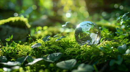 Transparent Globe in Natural Setting with Sunlight - Earth Day Concept