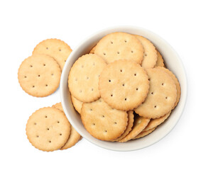 Tasty crackers in bowl isolated on white, top view