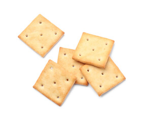 Tasty crispy square crackers isolated on white, top view