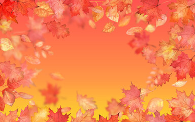 Rectangle fall frame with leaves. Autumn falling maple leaves with bright copy space. Abstract red background