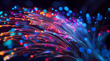 Fiber Optic Cables Sparkling with Vivid Colors in Abstract Close-Up