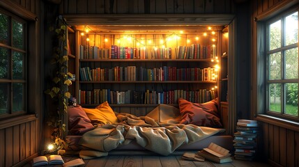 Introverts sanctuary, cozy nook filled with books and soft light, peaceful solitude, a world within walls, serene and inviting,  - obrazy, fototapety, plakaty